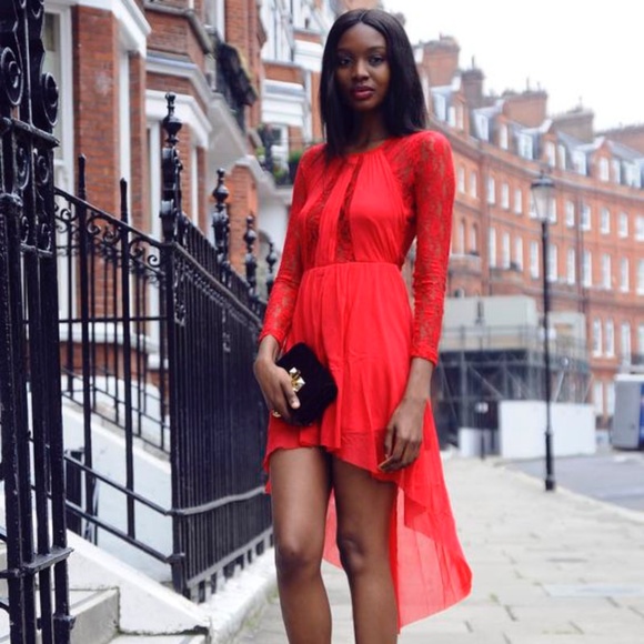 NEW ASOS Lace Insert Skater Dress With High Low Hem - Red / UK 10 US 6 - Picture 5 of 17